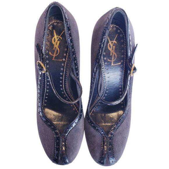 YVES SAINT LAURENT TRIBUTE MARY JANE PLATFORM PUMPS IN GRAY PATENT TRIM SIZE 8.5 - Picture 2 of 11